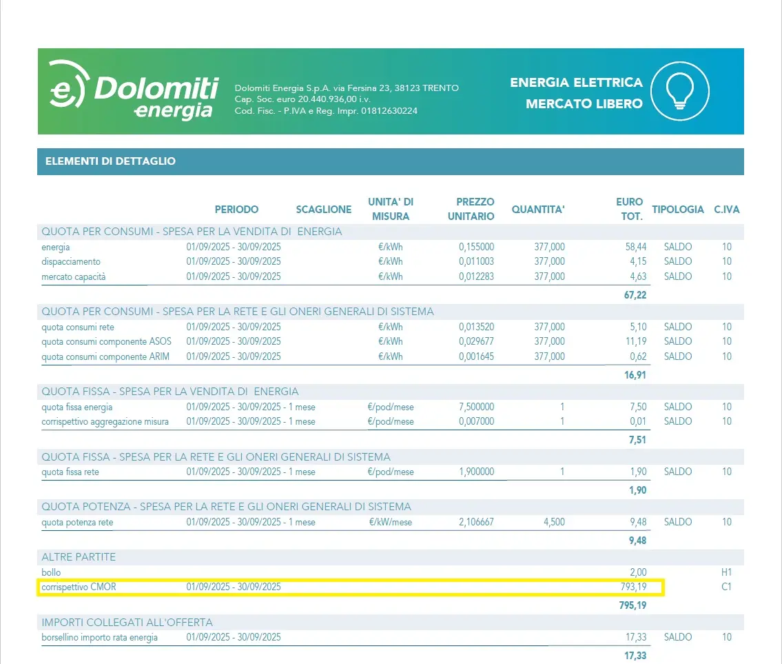 corrispettivo cmor bolletta