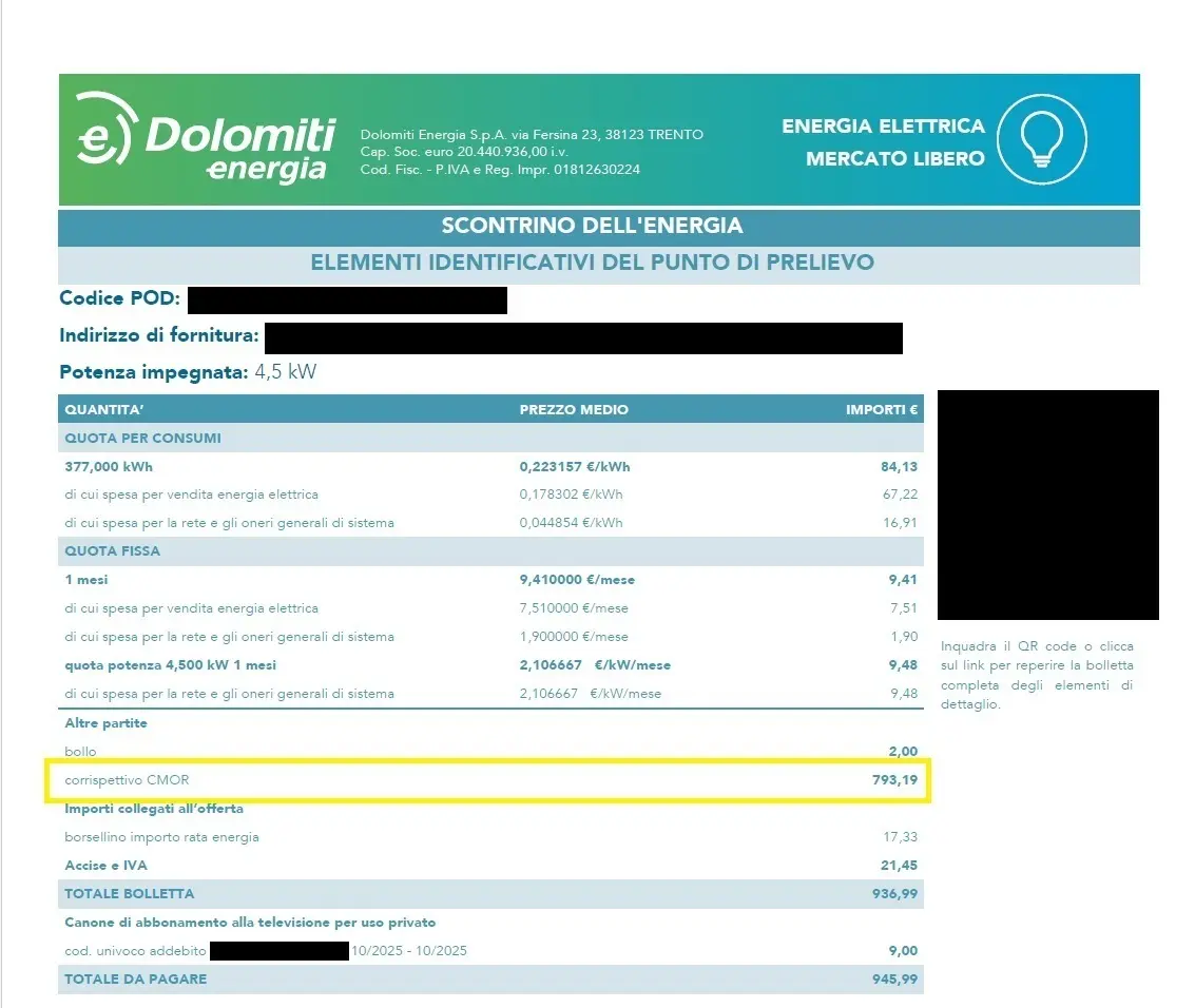 corrispettivo cmor bolletta