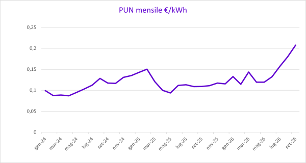 grafico che mostra l'andamento mensile dell'indice PUN dell'energia elettrica