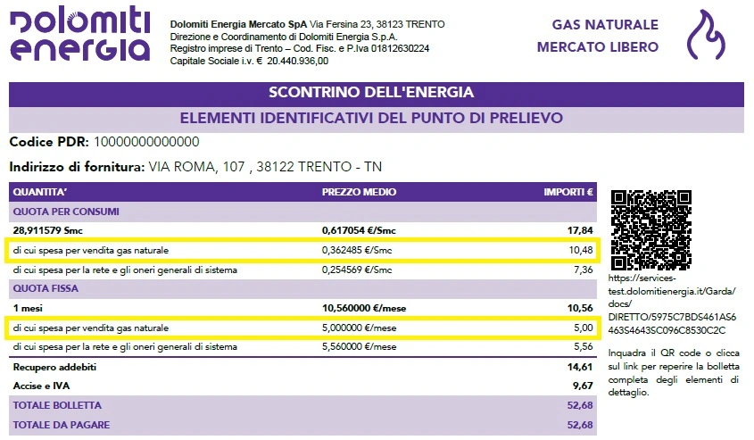 voce della spesa per la materia gas in bolletta
