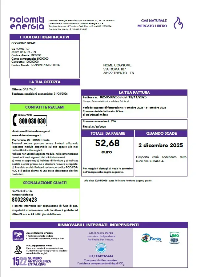 pagina iniziale delle bolletta del gas