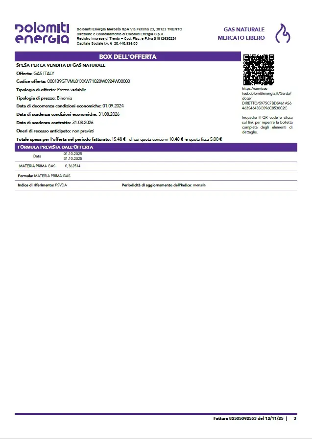pagina della bolletta del gas con le caratteristiche dell'offerta sottoscritta