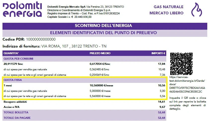 dettaglio della bolletta del gas con evidenziate le quote fisse