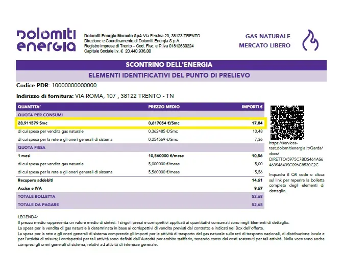 dettaglio della bolletta del gas con gli Smc di gas consumati