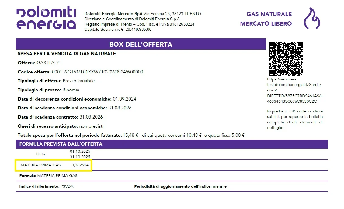 dettaglio della bolletta del gas con il prezzo della materia gas previsto dall'offerta