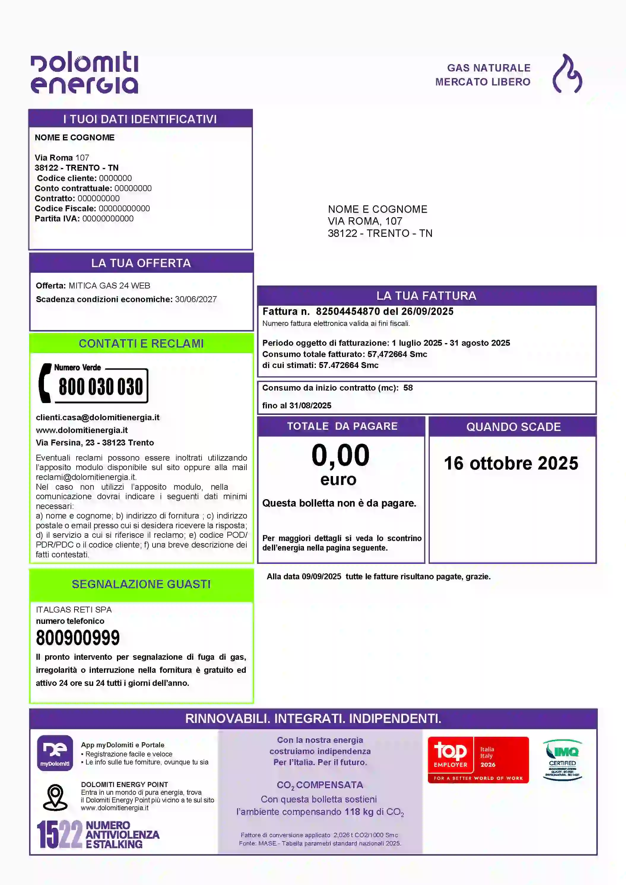 pagina iniziale delle bolletta del gas