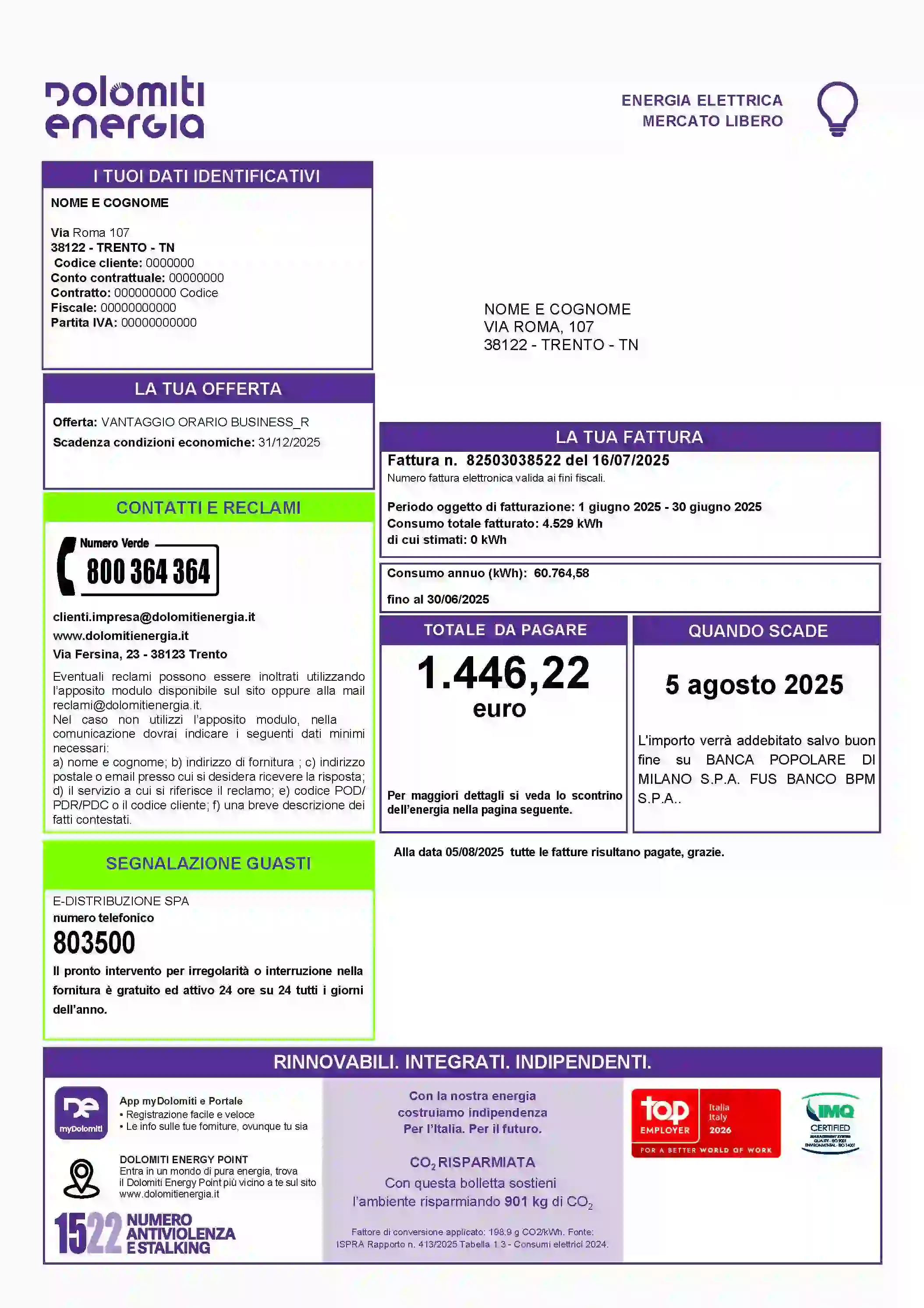 pagina iniziale della bolletta della luce