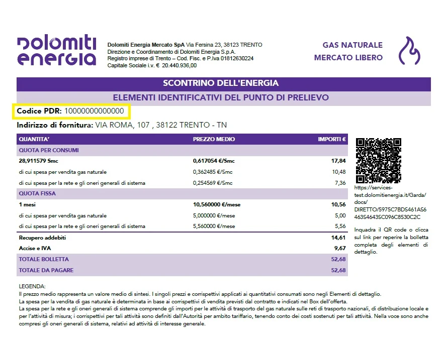 dettaglio della bolletta del gas che mostra il codice pdr