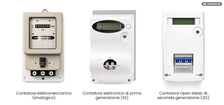 immagine che mostra le tre tipologie di contatore della luce: 1) analogico 2) prima generazione 3) seconda generazione
