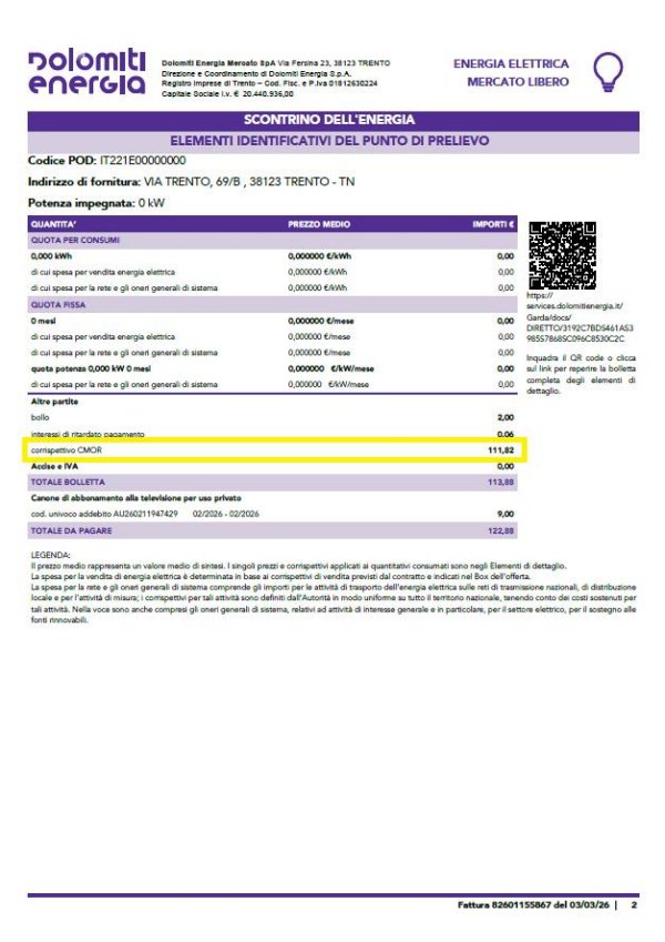 corrispettivo cmor bolletta