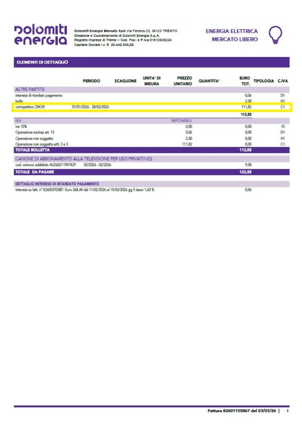 corrispettivo cmor bolletta