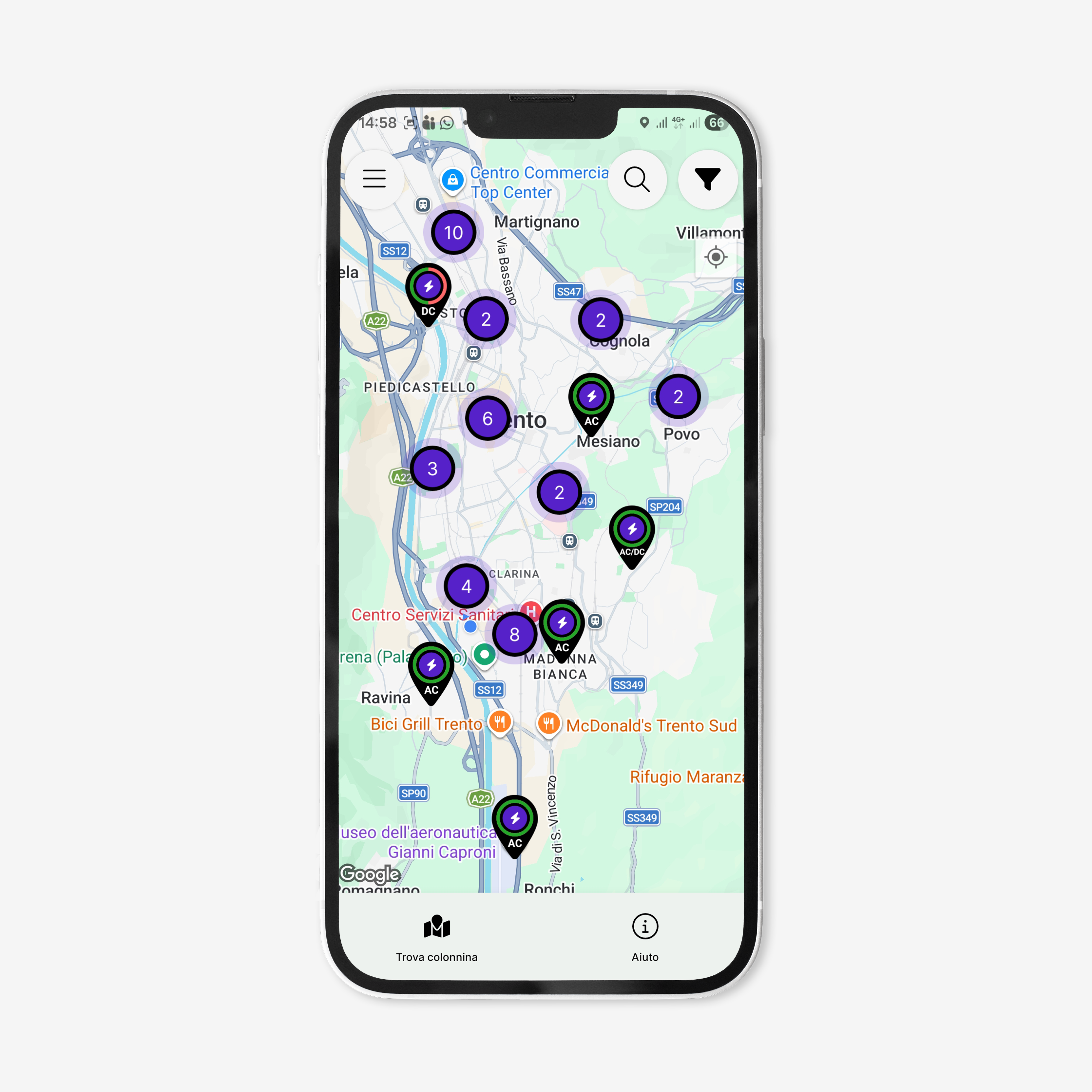 screenshot dell'app per la mobilità elettrica di dolomiti energia che mostra come selezionare le colonnine di ricarica