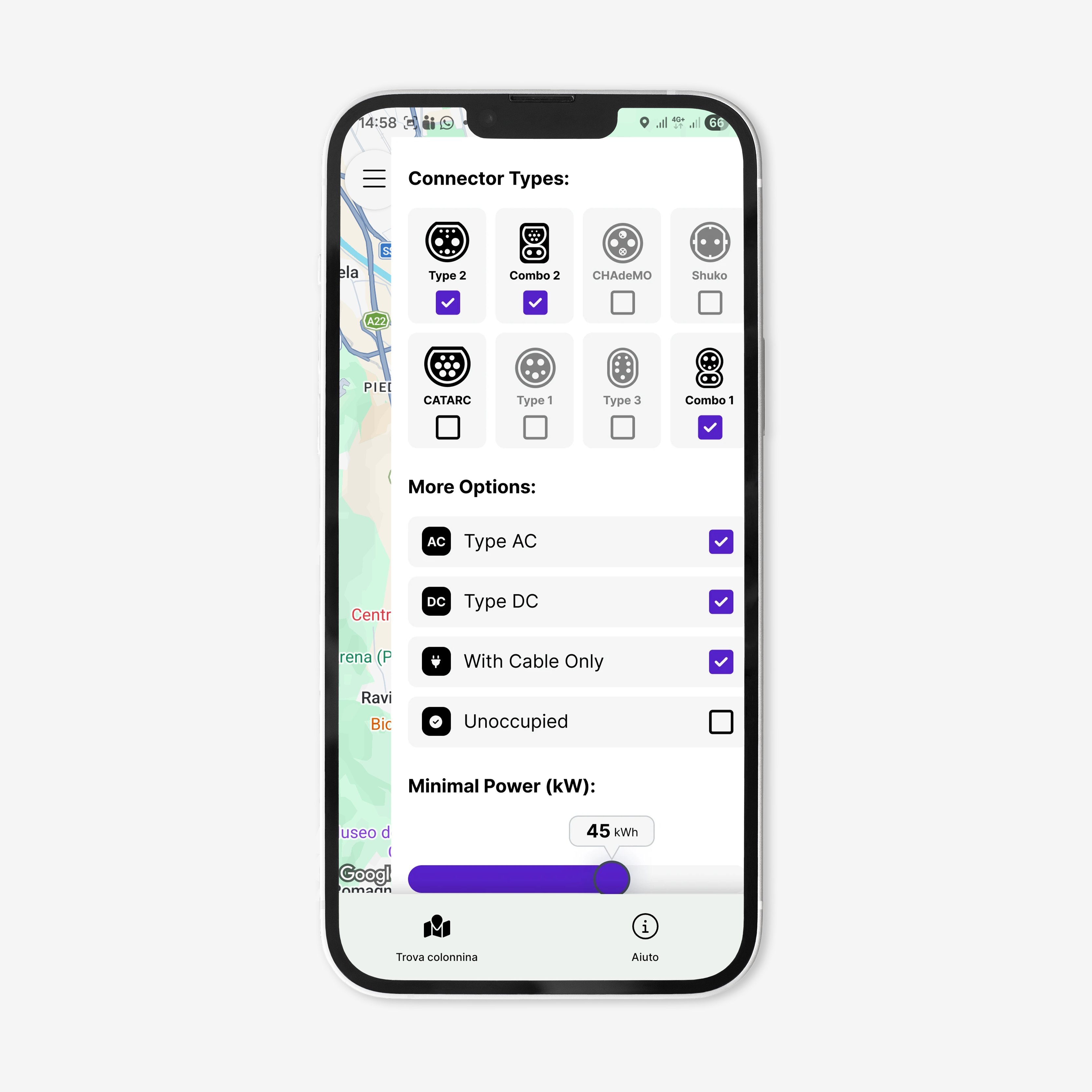 screenshot dell'app per la mobilità elettrica di dolomiti energia che mostra le tipologie di connettori da selezionare
