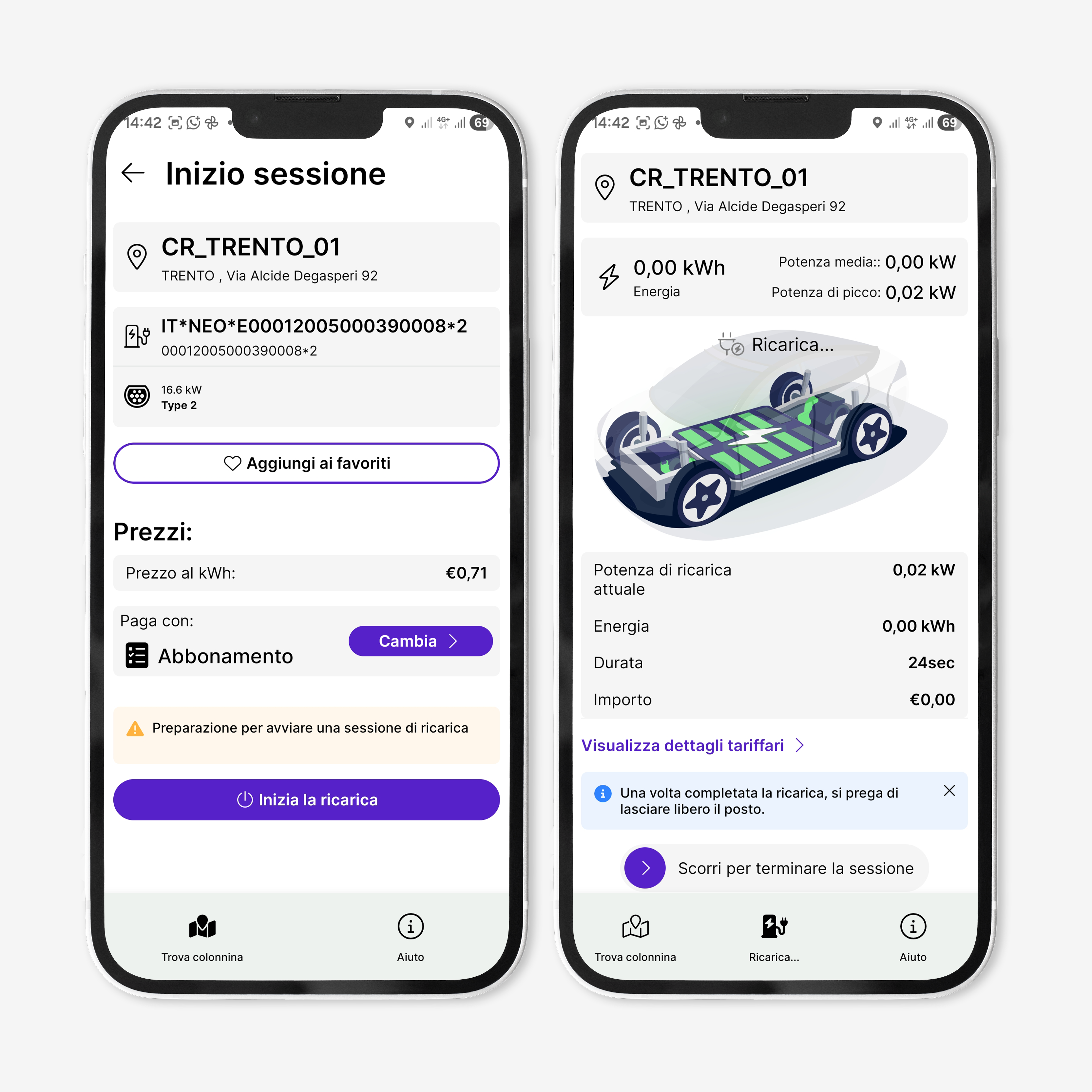 screenshot dell'app per la mobilità elettrica di dolomiti energia che mostra l'avvio della sessione di ricarica