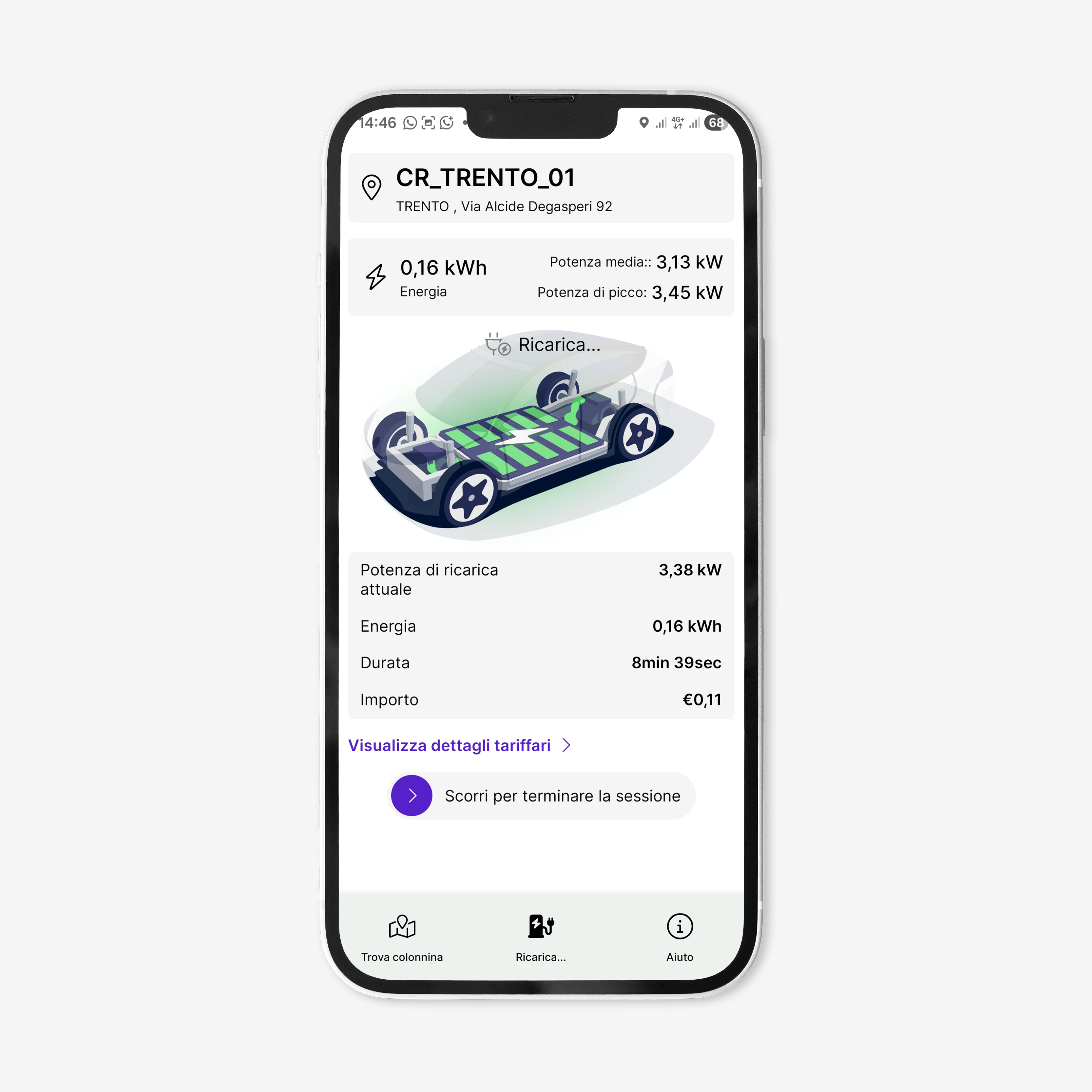 screenshot dell'app per la mobilità elettrica di dolomiti energia che mostra il progresso della sessione di ricarica