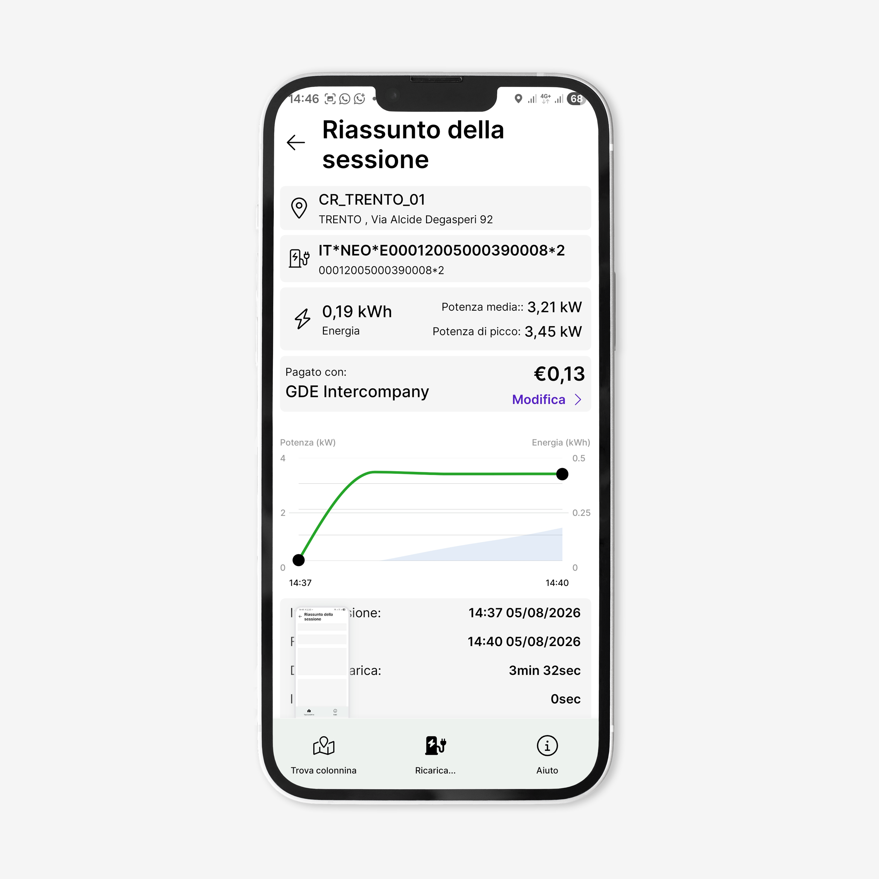 screenshot dell'app per la mobilità elettrica di dolomiti energia che mostra il report di fine ricarica con i dati principali