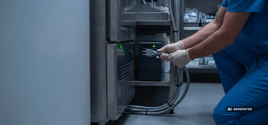 lavoratore della sanità intento a collegare un'apparecchiatura elettrica alimentata grazie al corretto funzionamento della filiera elettrica nazionale